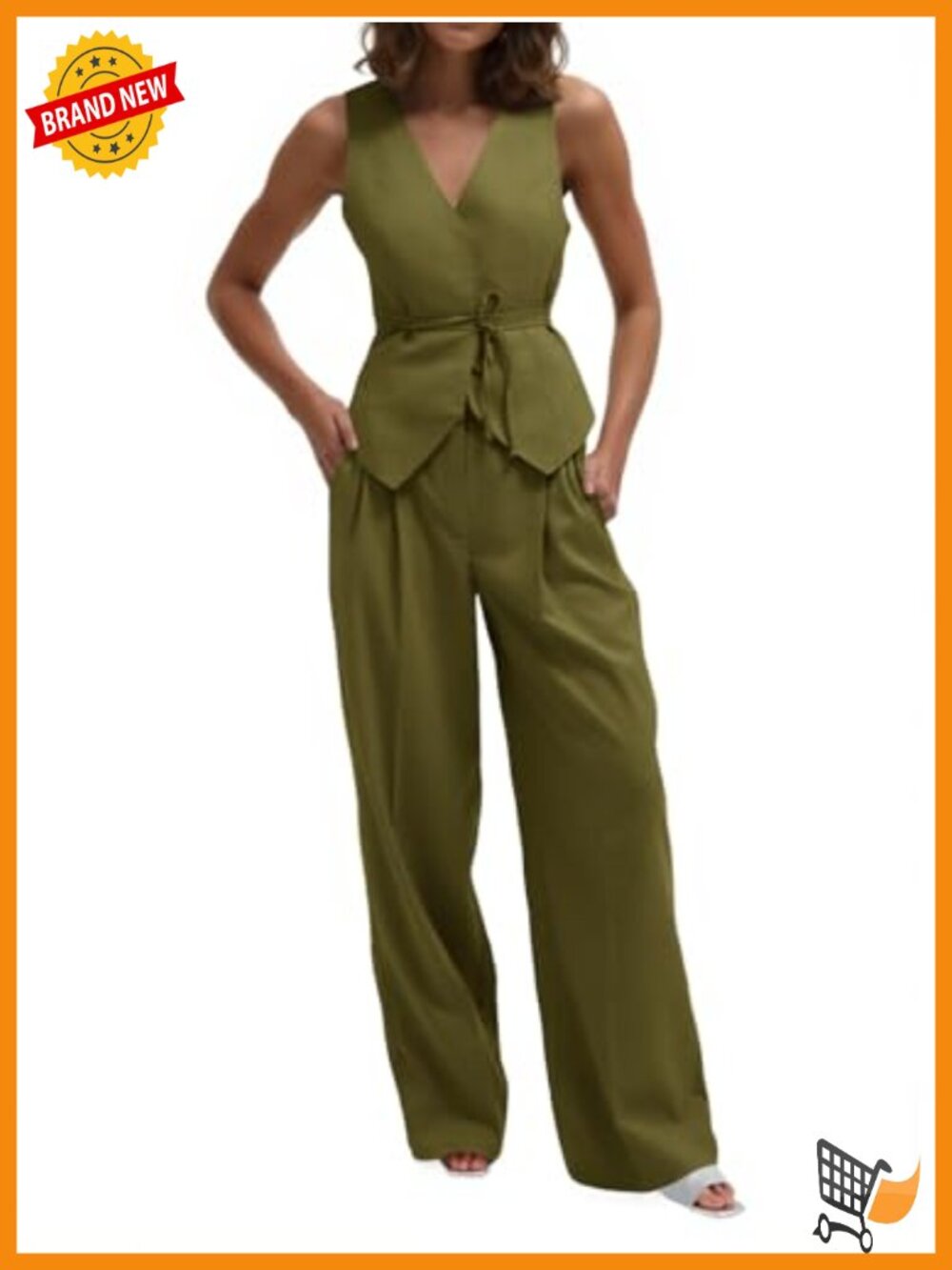 2 Piece Outfit V Neck Tie Waist Blazer Vest Wide Leg Business Casual Suit Pants